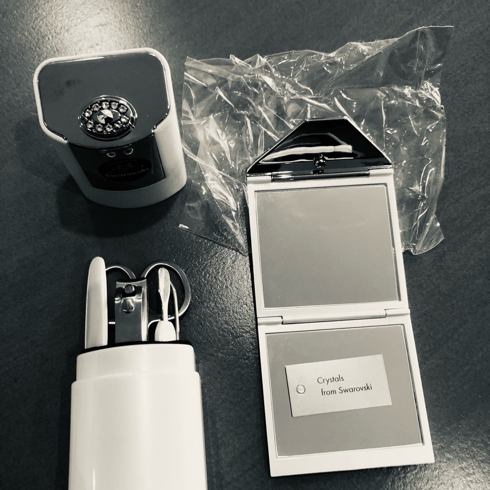 Swarovski Silver and White matching magnifying mirror and manicure set